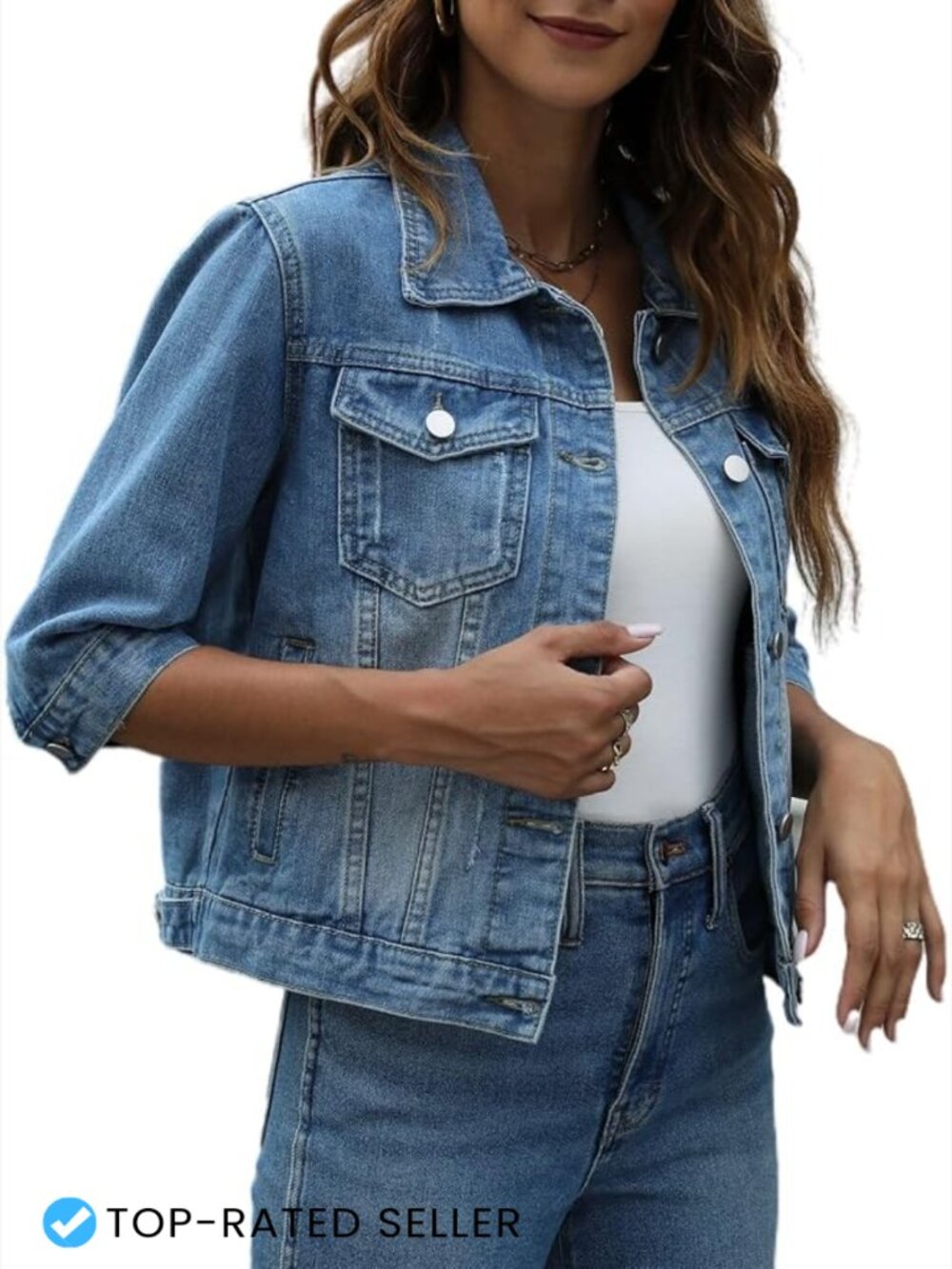 Women's 3/4 Sleeve Cropped Denim Jacket Retro Ripped Distressed Trucker Jean
